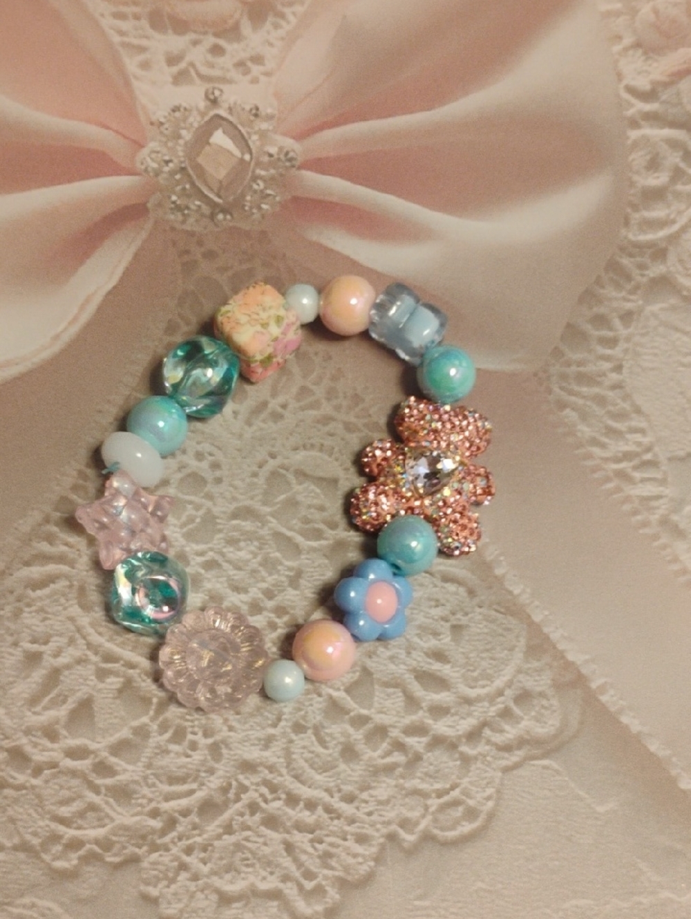 Pastel Bead Flower Bracelet - Pink & Aqua